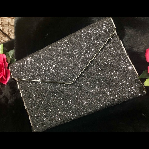 NWT! Rebecca Minkoff  Black Sparkly Envelope Clutch with Gunmetal Hardware - Picture 15 of 16
